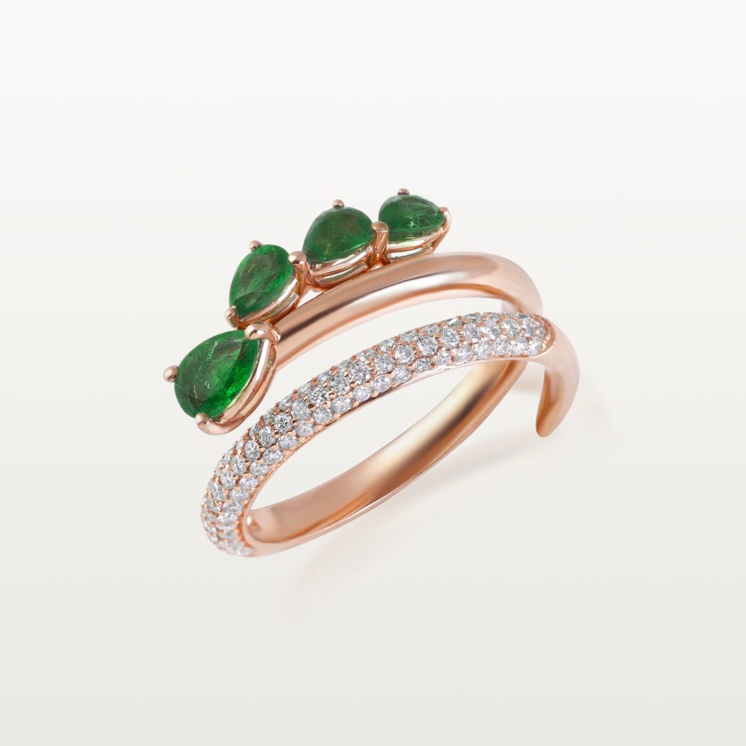 BAGUE A&MORE, ANNEAU OUVERT, DIAMANTS ET ÉMERAUDES