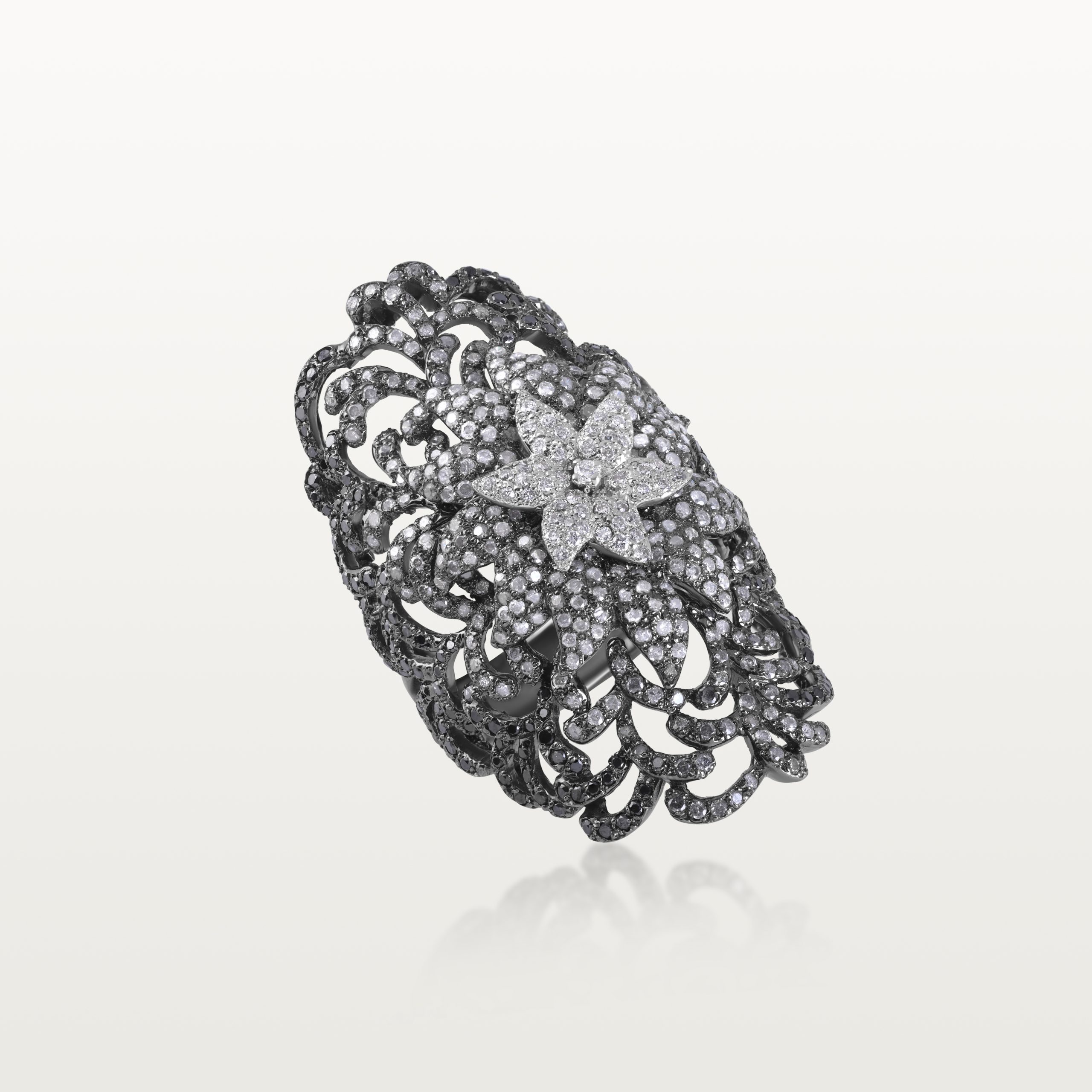 BAGUE LES FLEURS DU BIEN, DIAMANT BLANC, GRIS ET NOIR