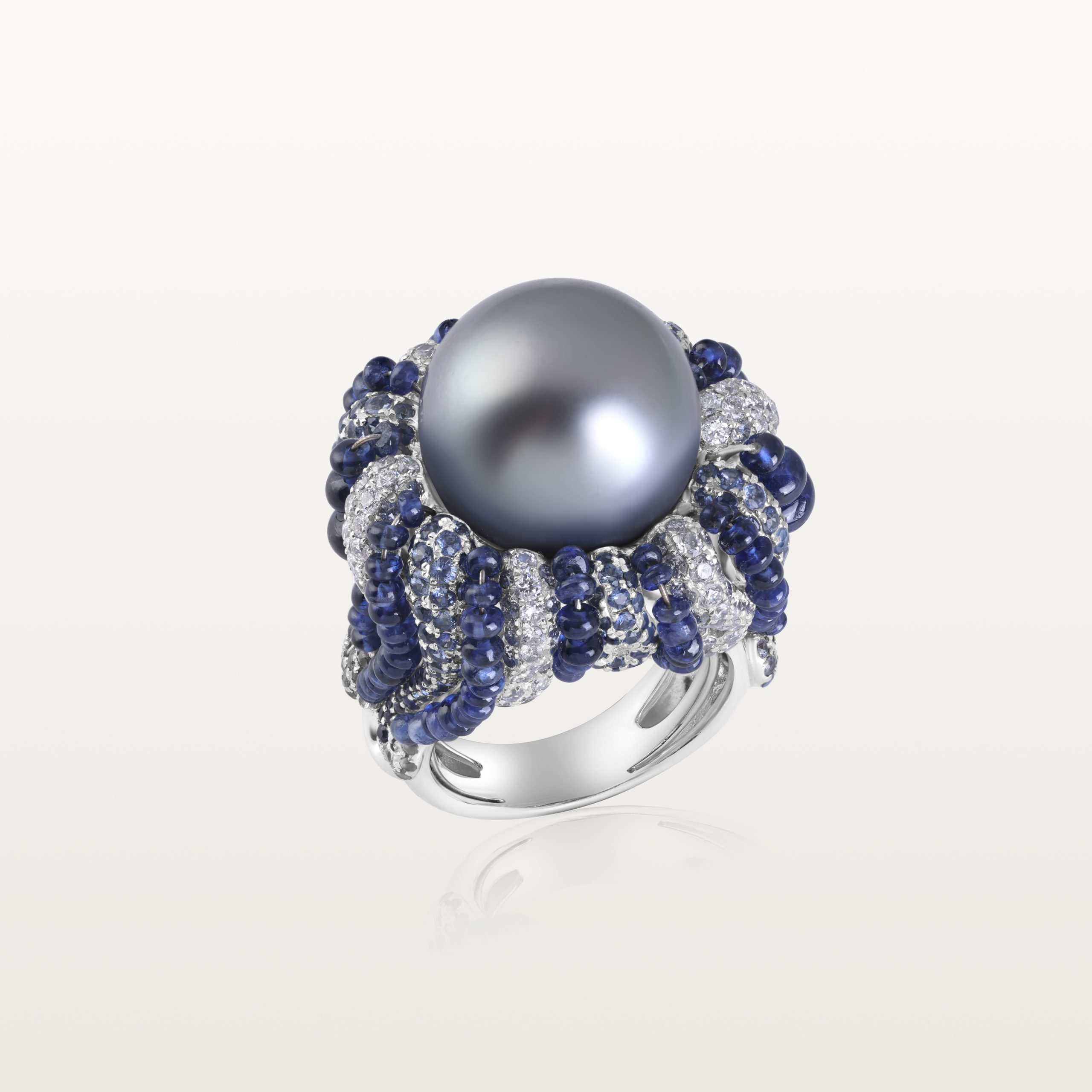 BAGUE LES FLEURS DU BIEN, BEADS DE SAPHIRS ET PERLE GRISE