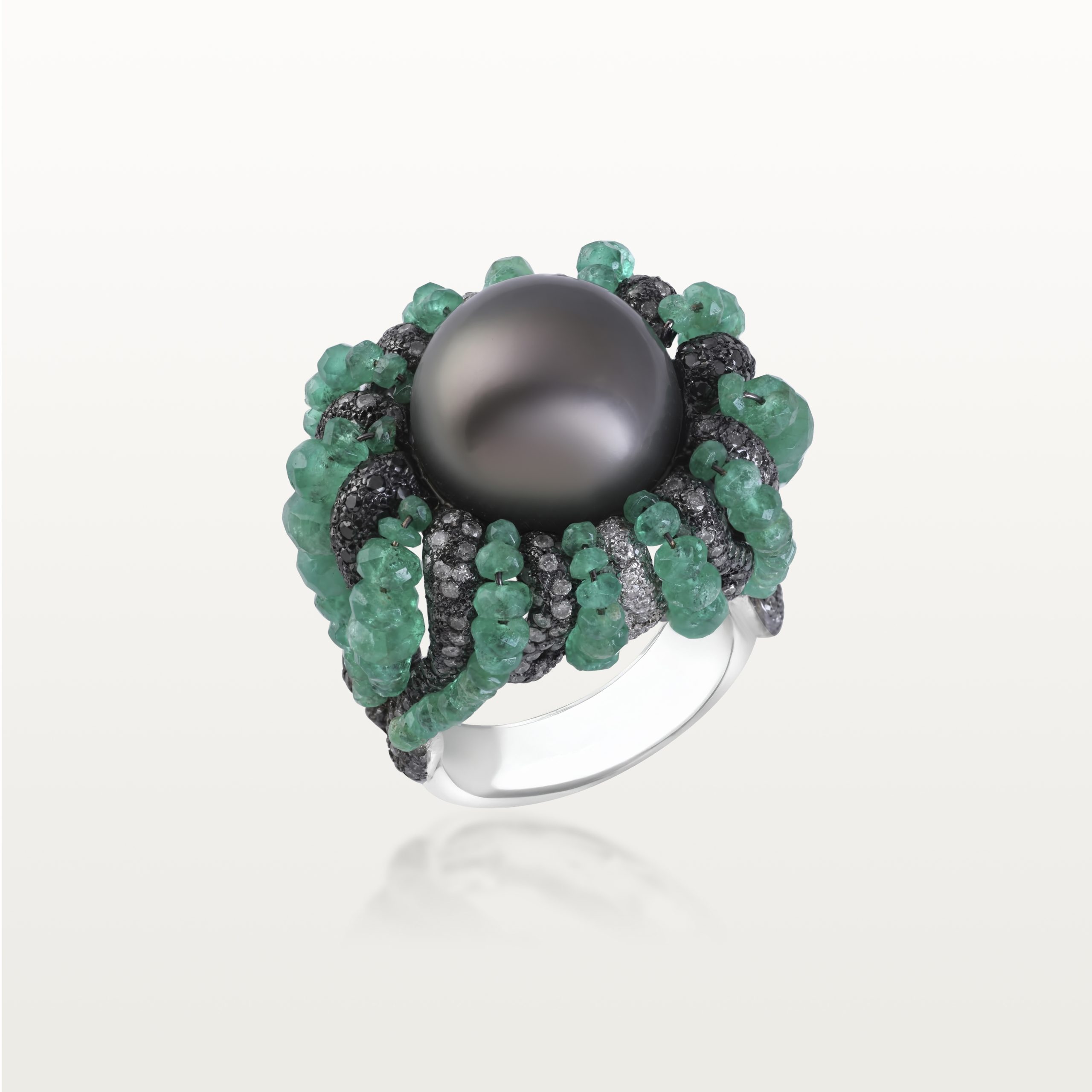 BAGUE LES FLEURS DU BIEN, BEADS D'ÉMERAUDE ET PERLE GRISE