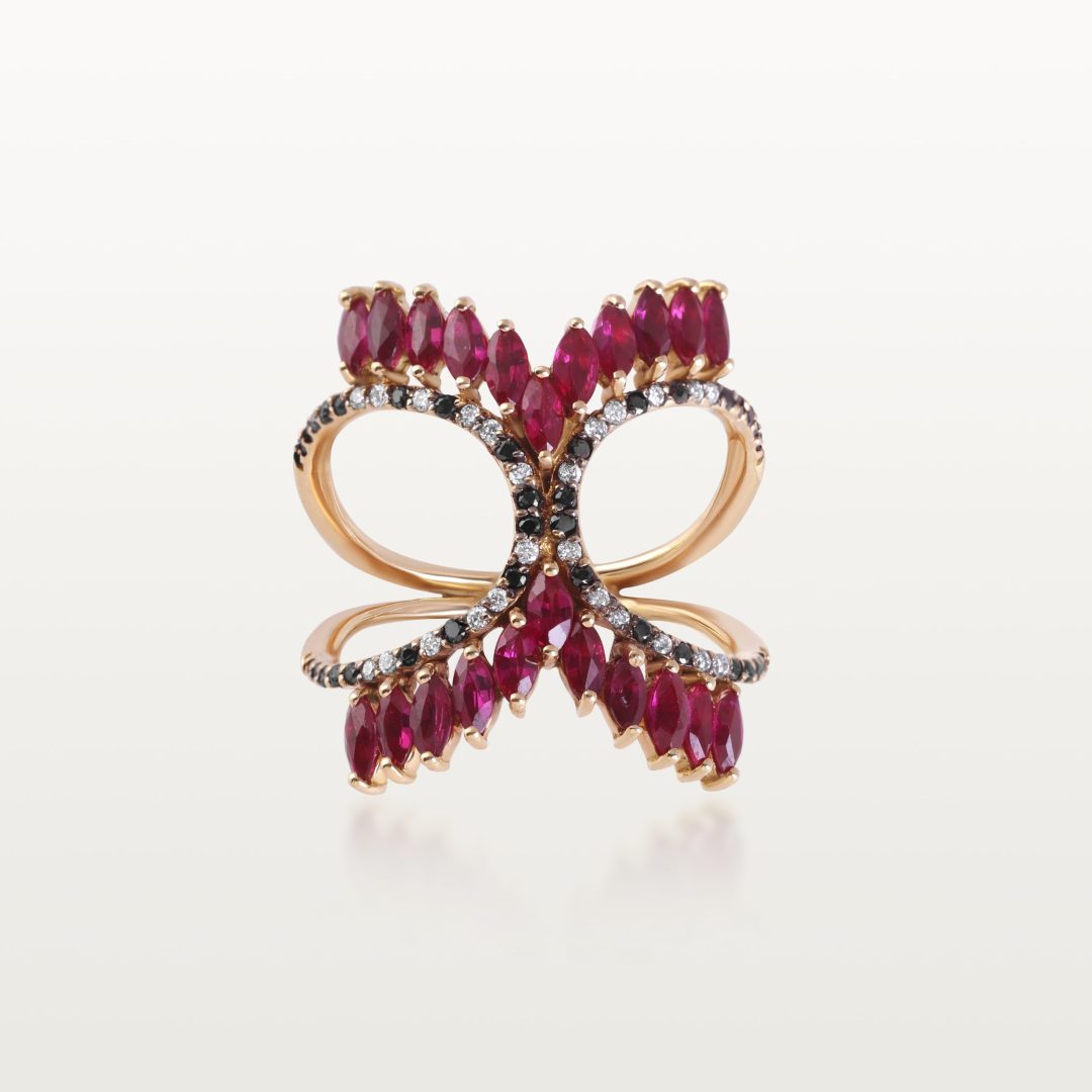 BAGUE A&MORE, CROISÉE, DIAMANTS ET RUBIS