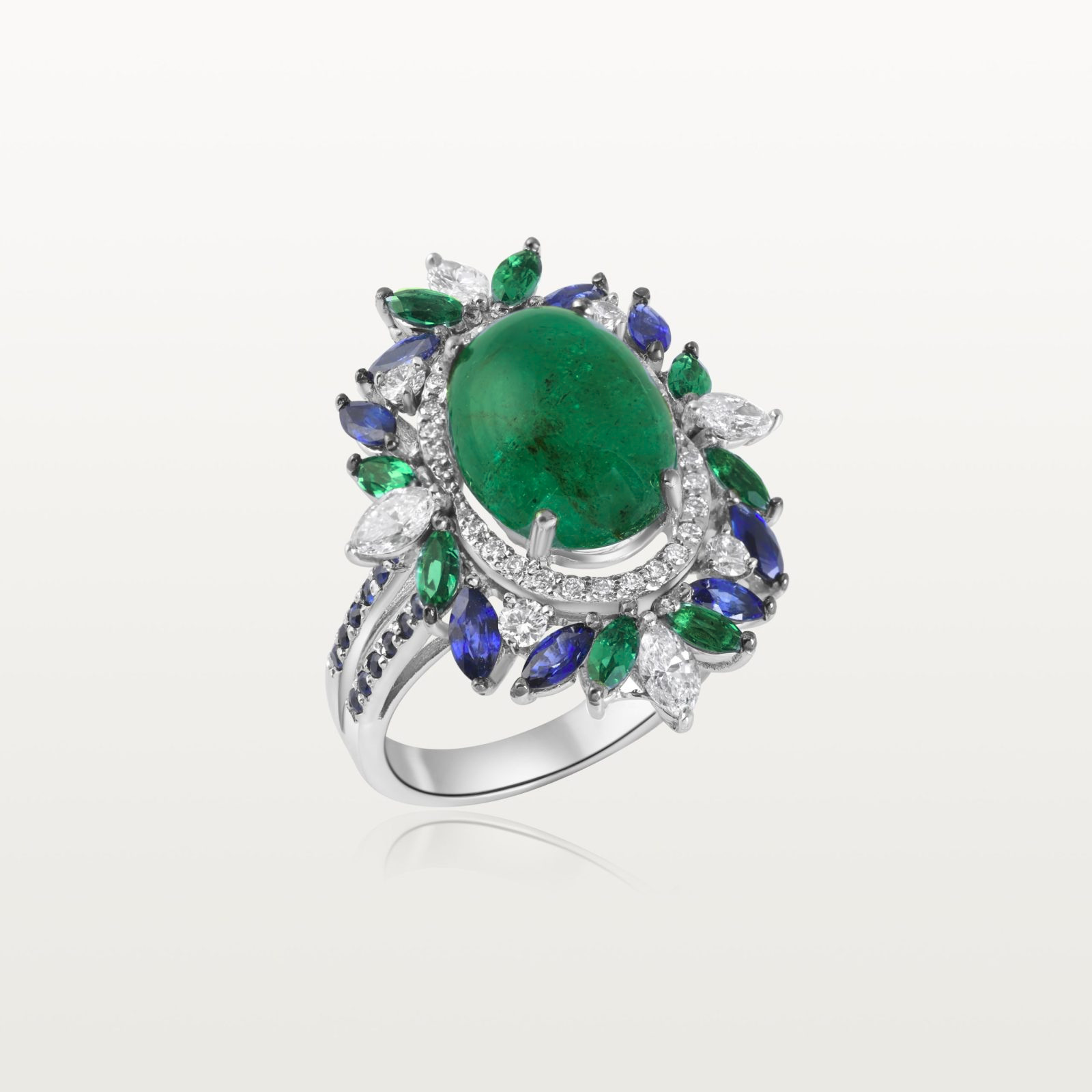 BAGUE LES FLEURS DU BIEN, ÉMERAUDE, SAPHIRS ET DIAMANTS