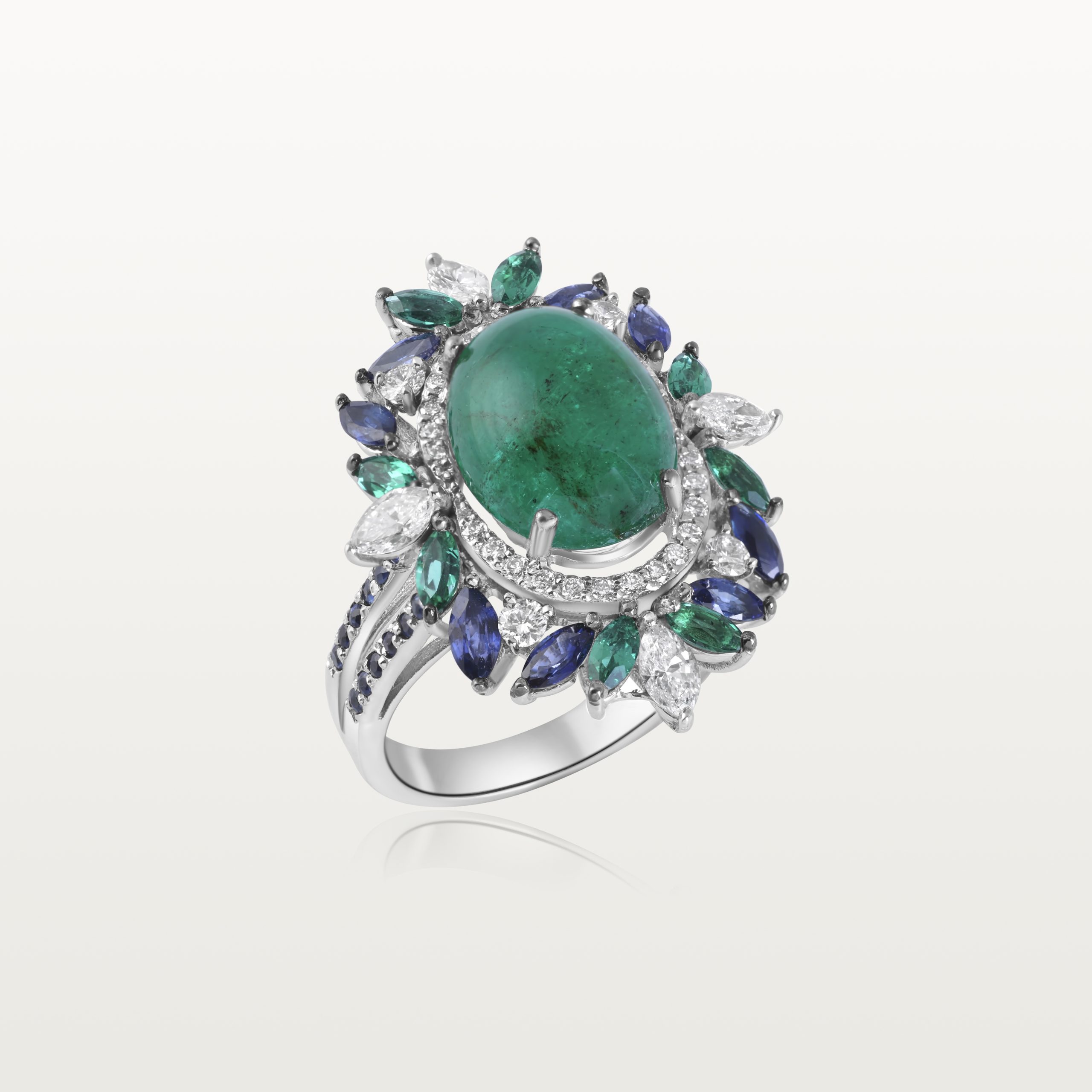 BAGUE LES FLEURS DU BIEN, ÉMERAUDE, SAPHIRS ET DIAMANTS