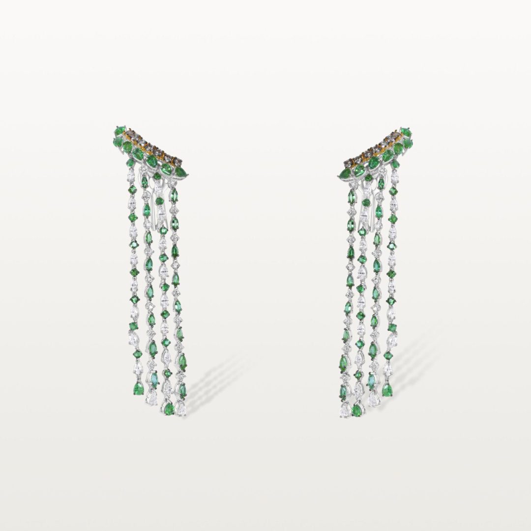 BOUCLES D’OREILLES LE LAC DES CYGNES, PLUIE D’ÉMERAUDES ET DE DIAMANTS