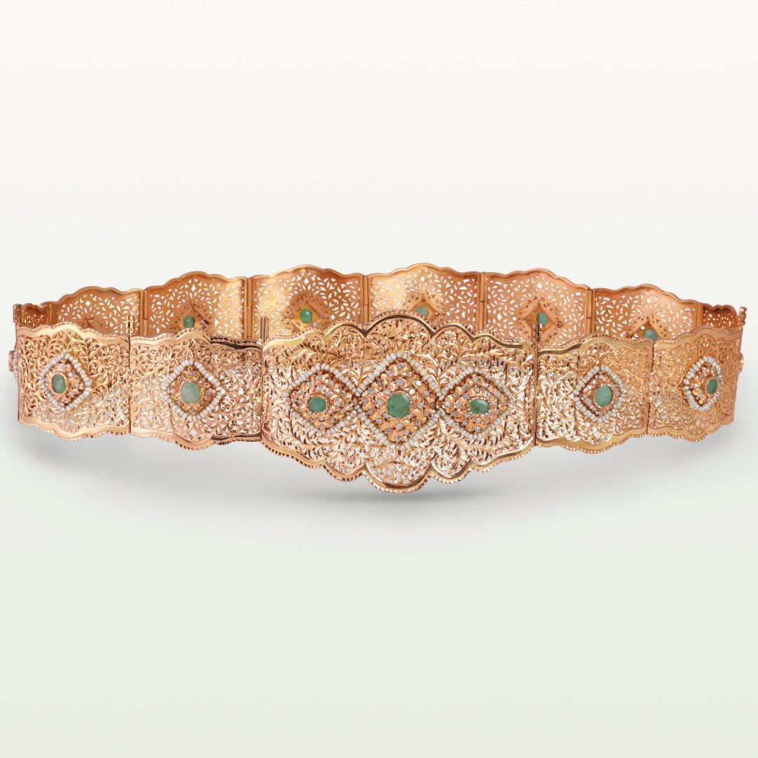 CEINTURE MDAMA "ACH O FNAR" HOMMAGE AU PASSÉ, ENCADRÉS DE PERLES SUR MOTIFS FILIGRANÉS