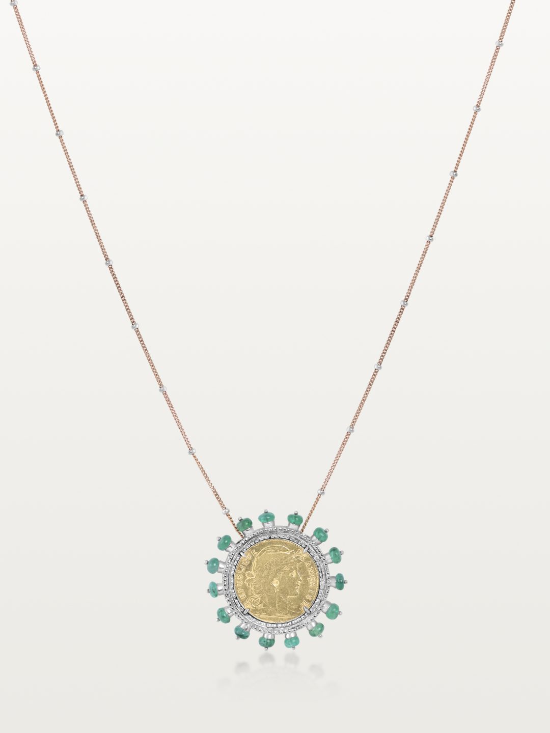 PENDENTIF MON LOUIS, MÉDAILLON "MARIANNE COQ" 10 FRANCS ORNÉ DE PERLES D'ÉMERAUDES