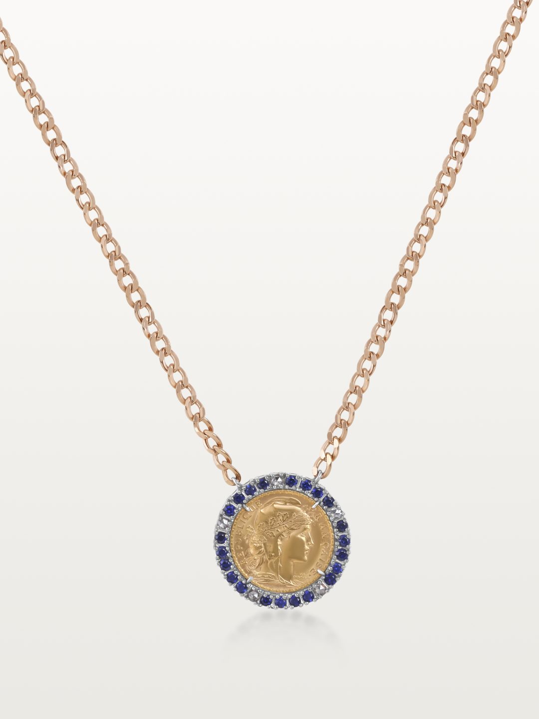 PENDENTIF MON LOUIS, MÉDAILLON "MARIANNE COQ" 20 FRANCS CERCLÉ DE SAPHIRS BLEUS CHAINE CUBAINE