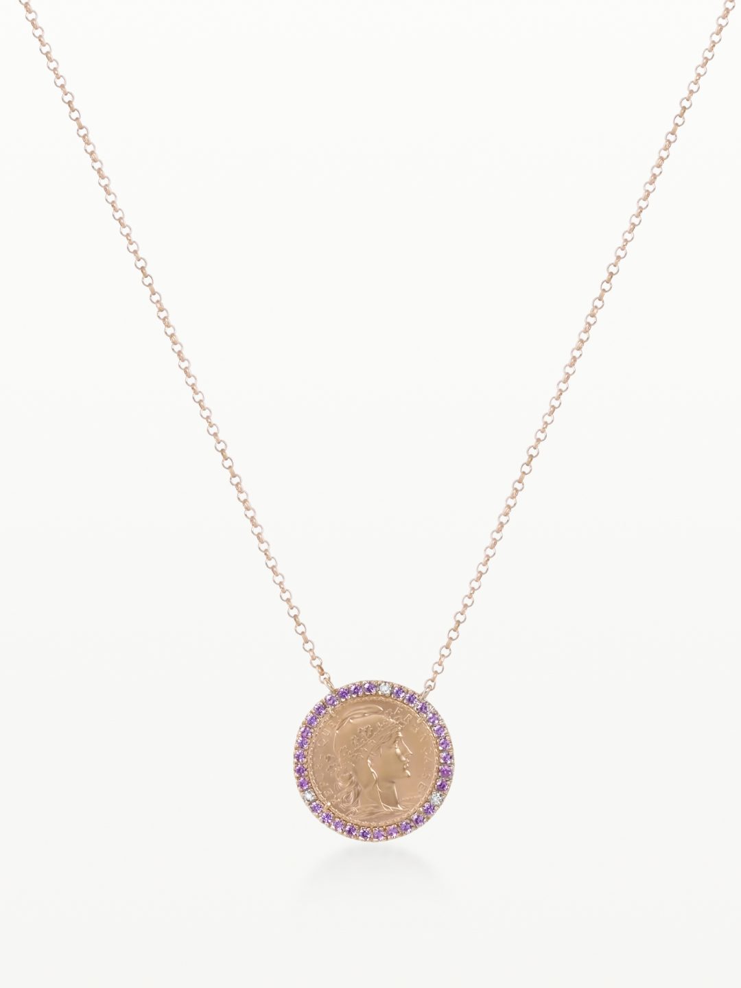 PENDENTIF MON LOUIS, MÉDAILLON "MARIANNE COQ" 20 FRANCS CERCLÉ DE DIAMANTS ROSES
