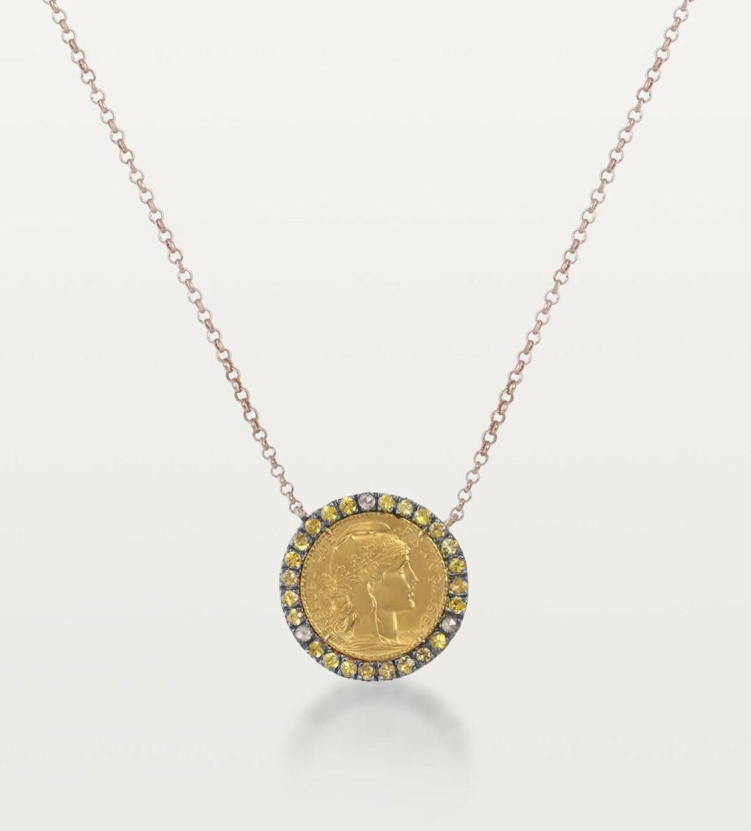 PENDENTIF MON LOUIS, MÉDAILLON "MARIANNE COQ" 20 FRANCS CERCLÉ DE SAPHIRS JAUNES