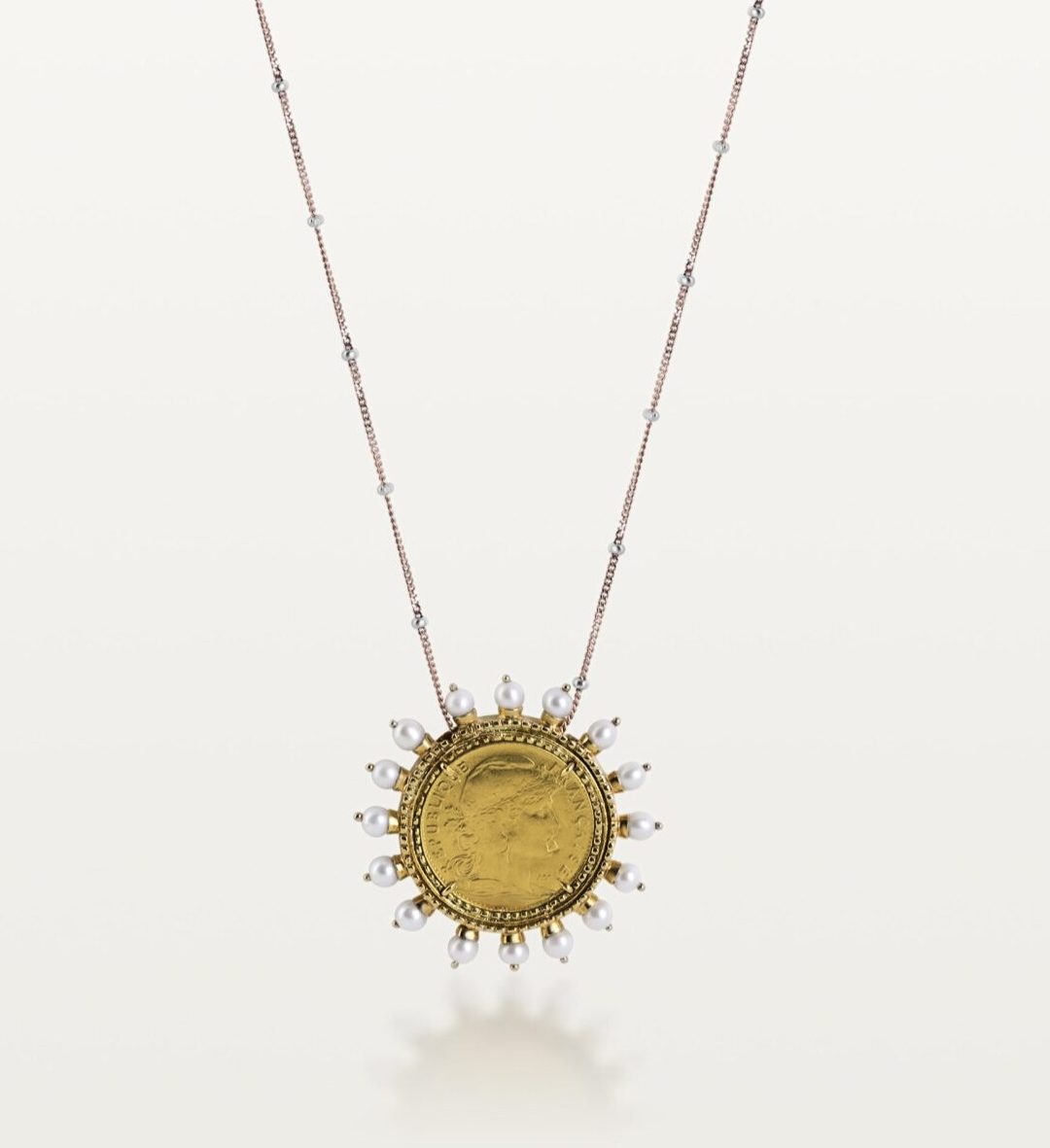 PENDENTIF MON LOUIS, LOUIS D'OR 3.20 OR JAUNE AVEC COURONNE DE PERLES