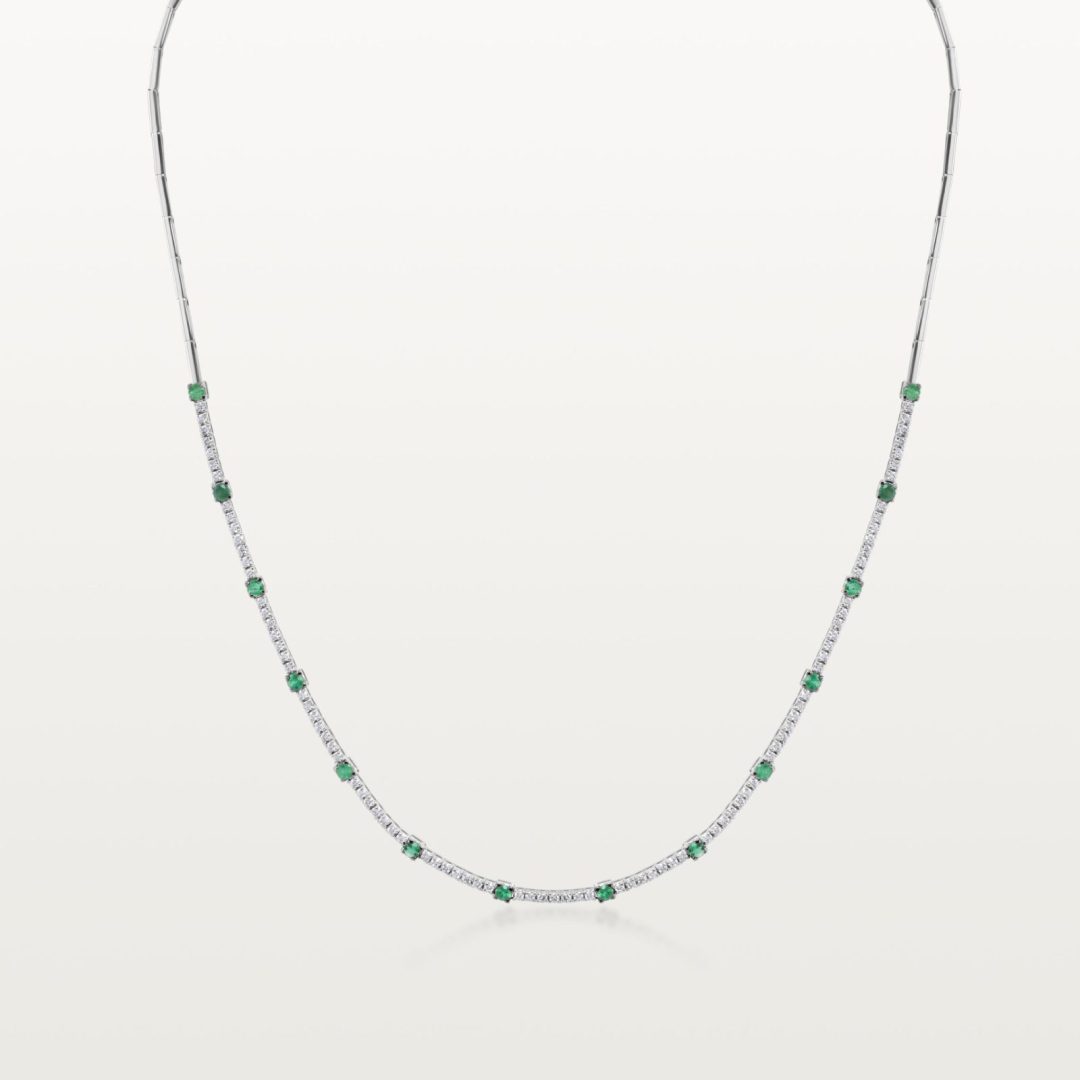 COLLIER RIVIÈRE LES KLASSIQUES, DEMI-SERTI DIAMANTS ET ÉMERAUDES ALTERNÉS