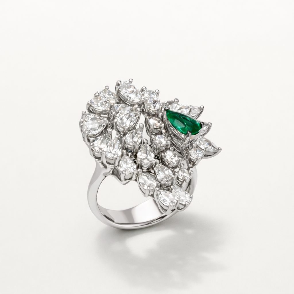 BAGUE LES IMPÉRIALES, ÉMERAUDE ENTOURÉE DE DIAMANTS